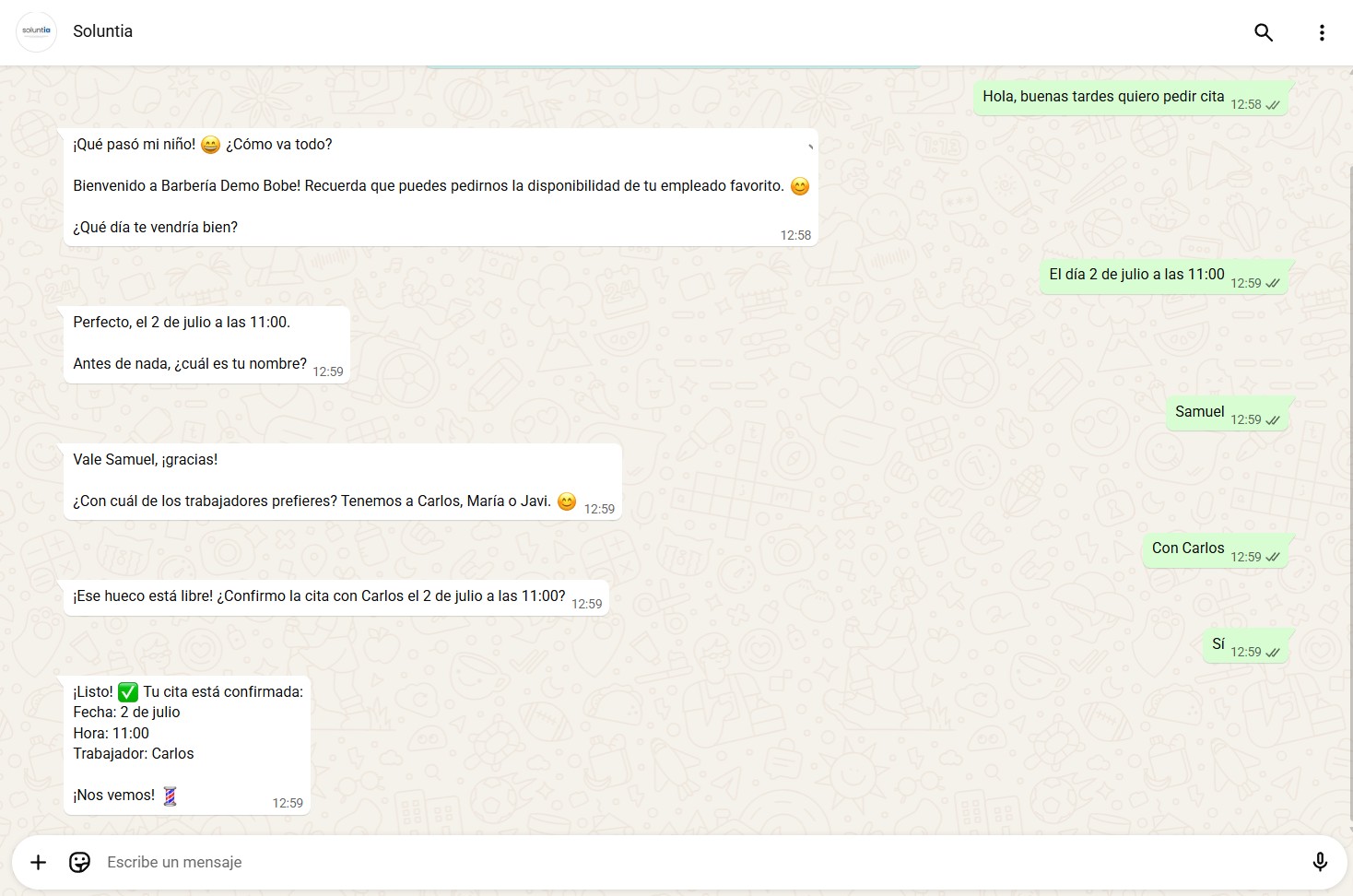 Conversación real de reserva por WhatsApp con Soluntia Booking